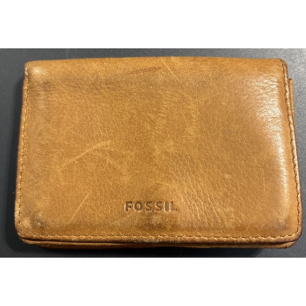 Vintage Fossil Tan Leather Card Case Wallet with Snap Closure & ID Window